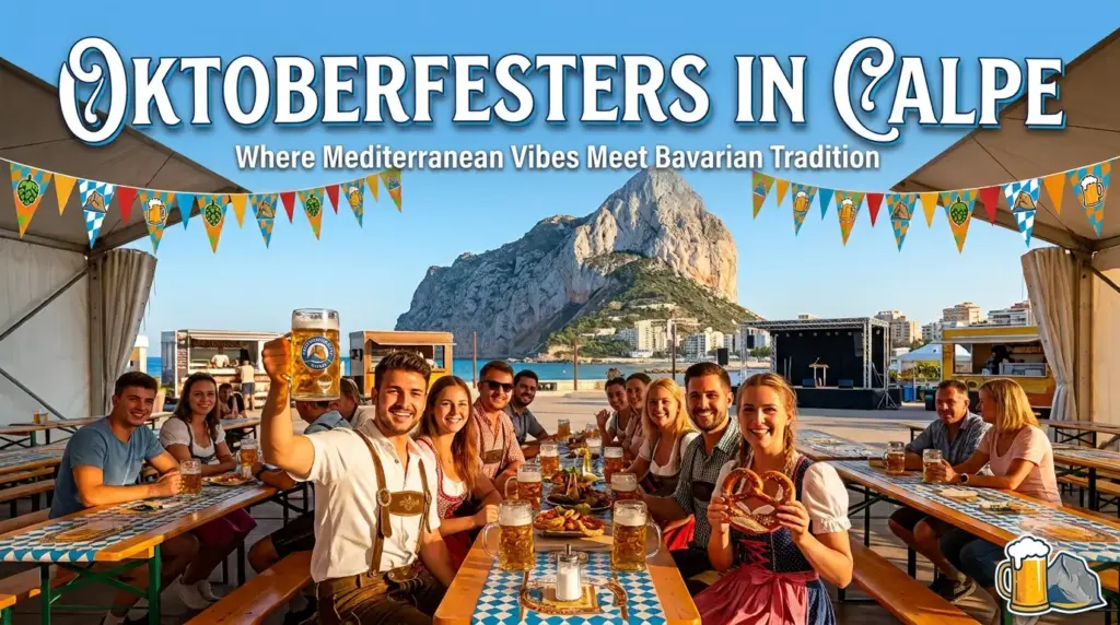Illustration of Oktoberfesters Calpe 2026 at Parc de la Creativitat with German beer, pretzels and festival tables