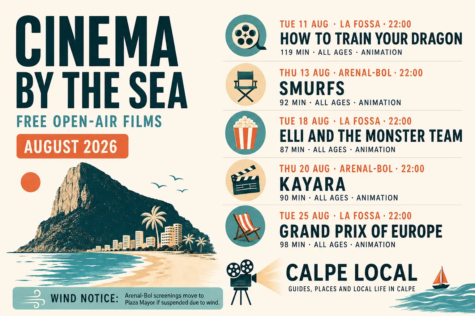 Cinema by the Sea Calpe August 2026 schedule for free films at La Fossa and Arenal-Bol beaches.