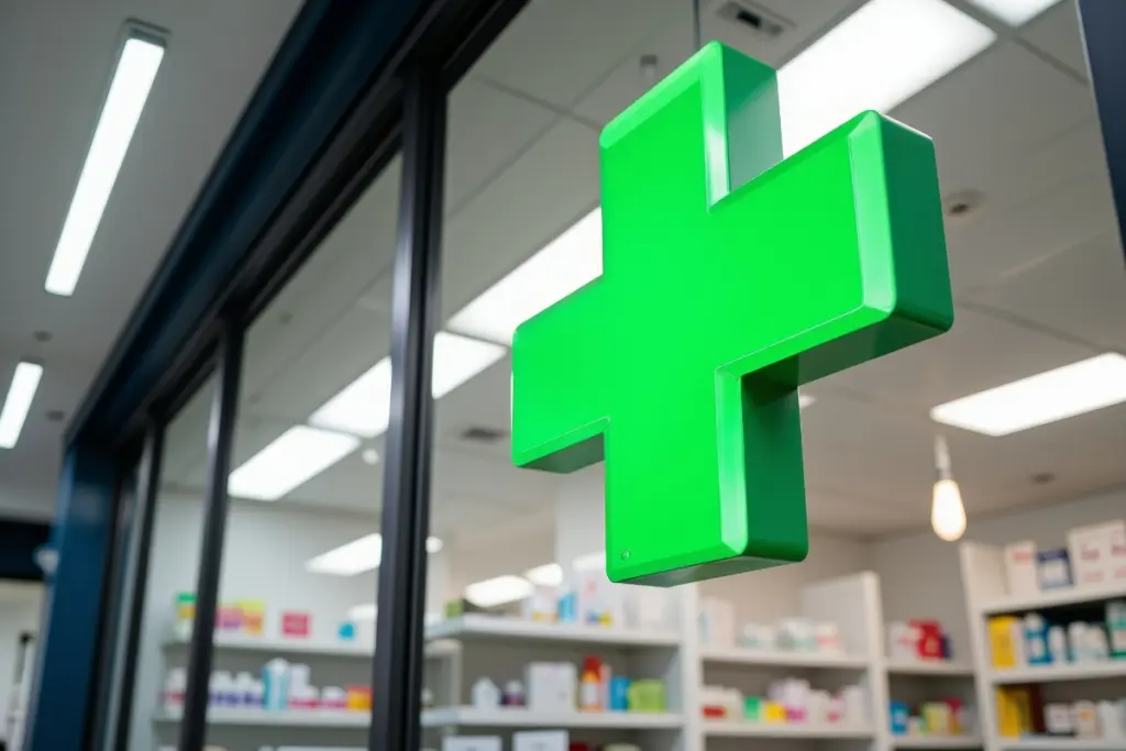 Green pharmacy cross outside a pharmacy for a guide to Farmacia de Guardia in Calpe
