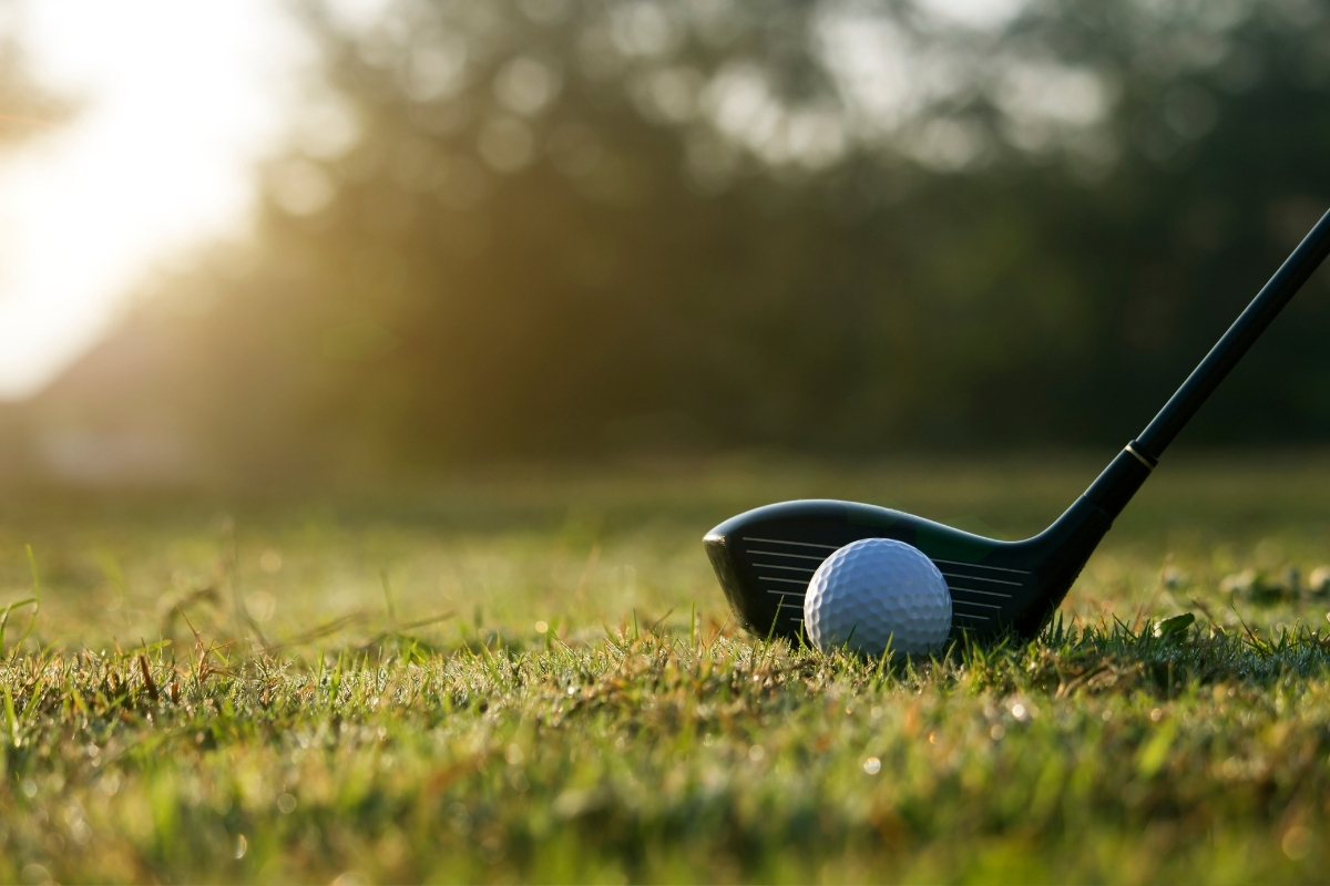 Golf ball beside a driver on a sunlit golf course