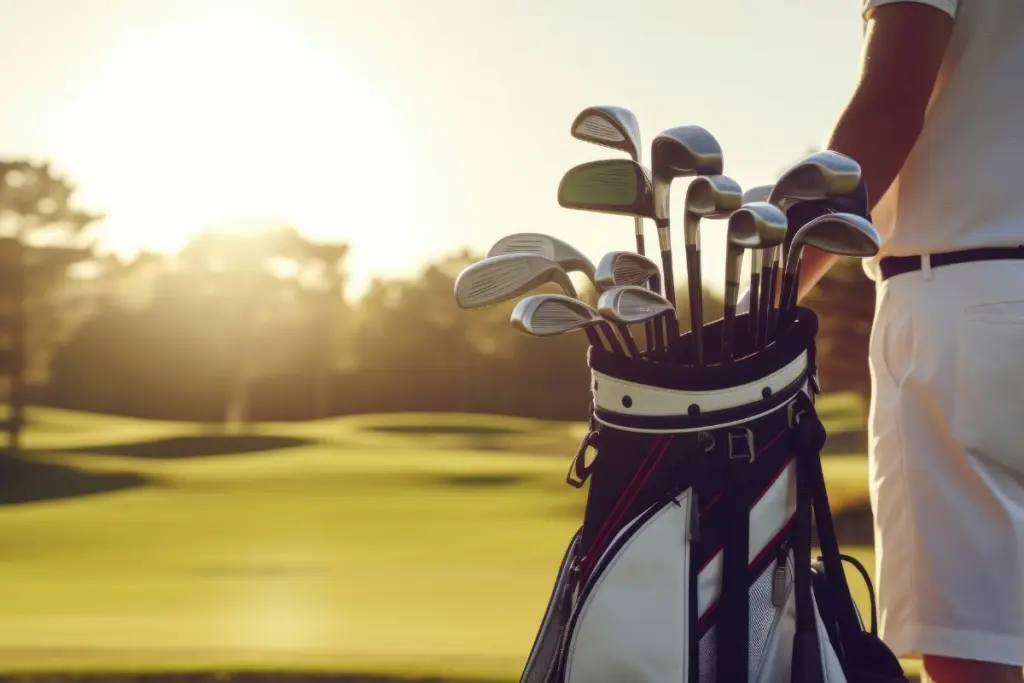 Golfer standing beside a bag of golf clubs on a course near Calpe