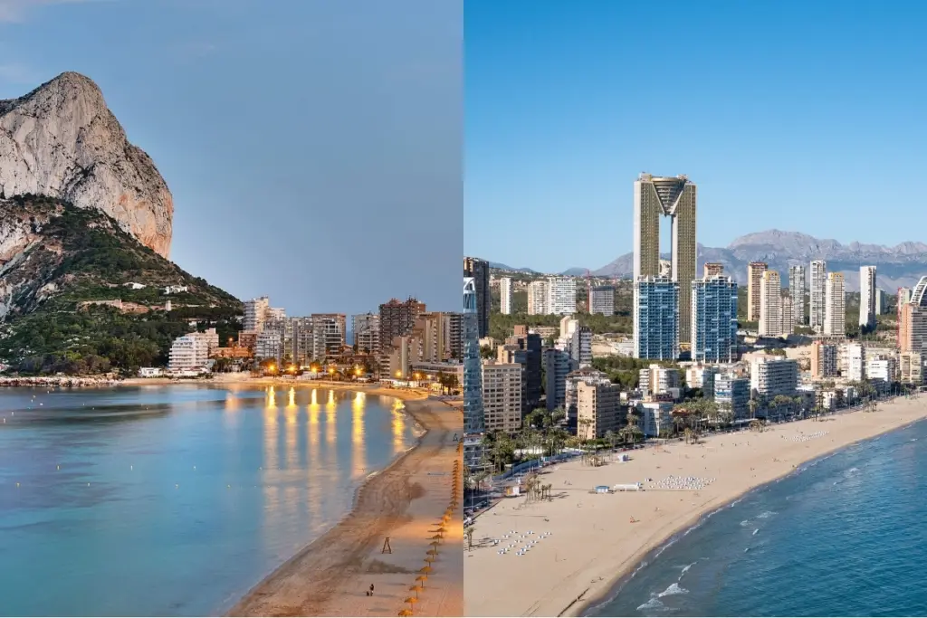 Split image comparing Calpe's beach beneath the Peñón de Ifach at dusk with Benidorm's high-rise beachfront skyline by day