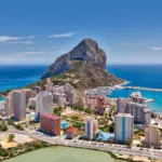 Aerial view of apartment buildings, Las Salinas and the Peñón de Ifach in Calpe
