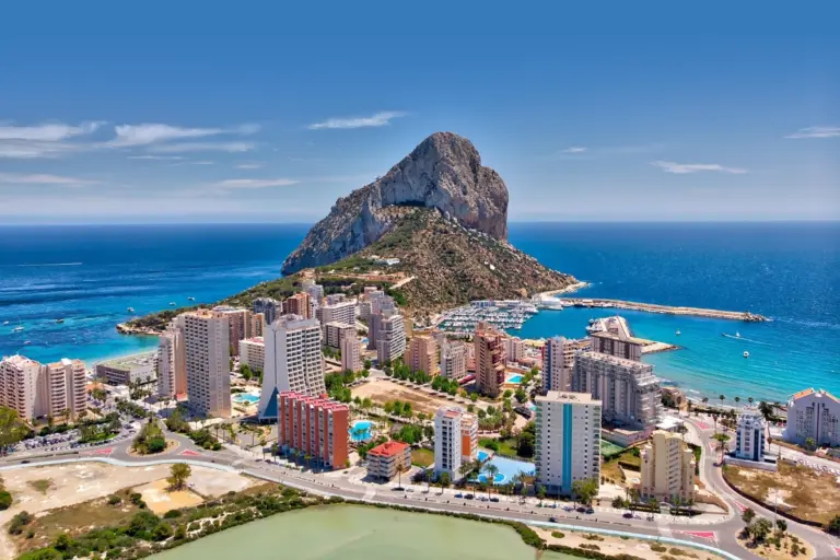 Aerial view of apartment buildings, Las Salinas and the Peñón de Ifach in Calpe