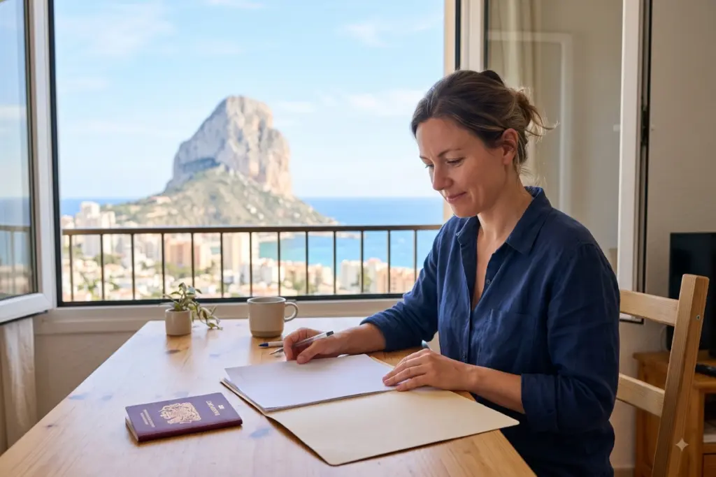 Woman preparing NIE application documents in Calpe with the Peñón de Ifach behind her