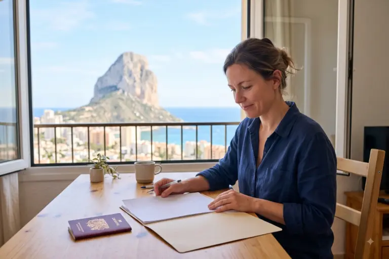 Woman preparing NIE application documents in Calpe with the Peñón de Ifach behind her