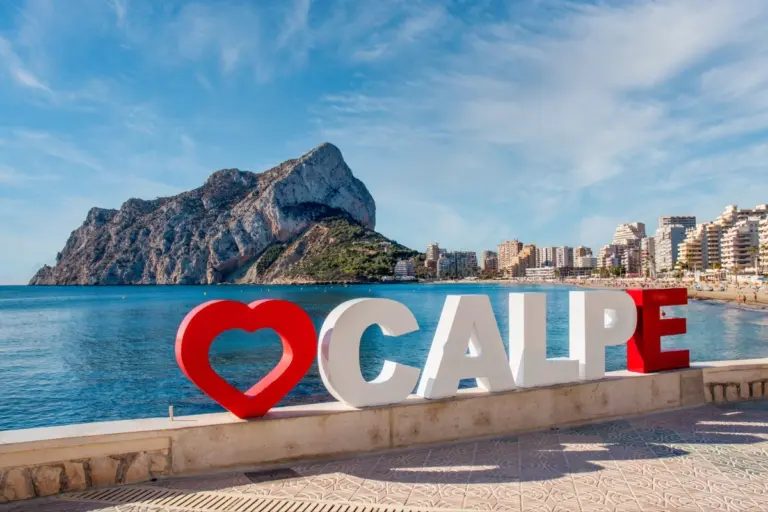 Calpe seafront with the Peñón de Ifach and I Love Calpe sign