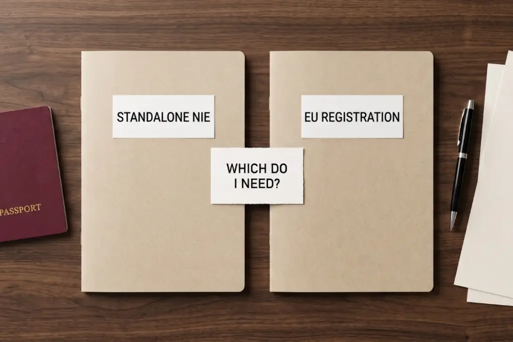 Standalone NIE and EU registration folders beside a passport
